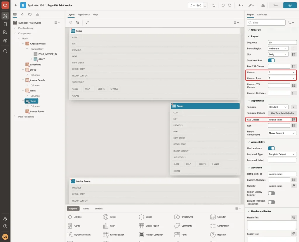 Totals Layout with Column 8 and Column Span 5, and CSS Classes invoice-totals marked with red boxes