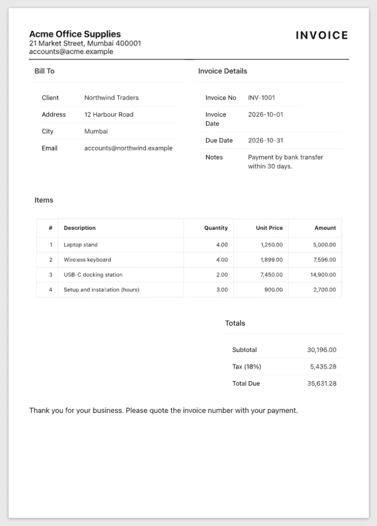 Printed invoice INV-1001 on one A4 page with letterhead, Bill To, Invoice Details, Items, Totals and the thank-you footer