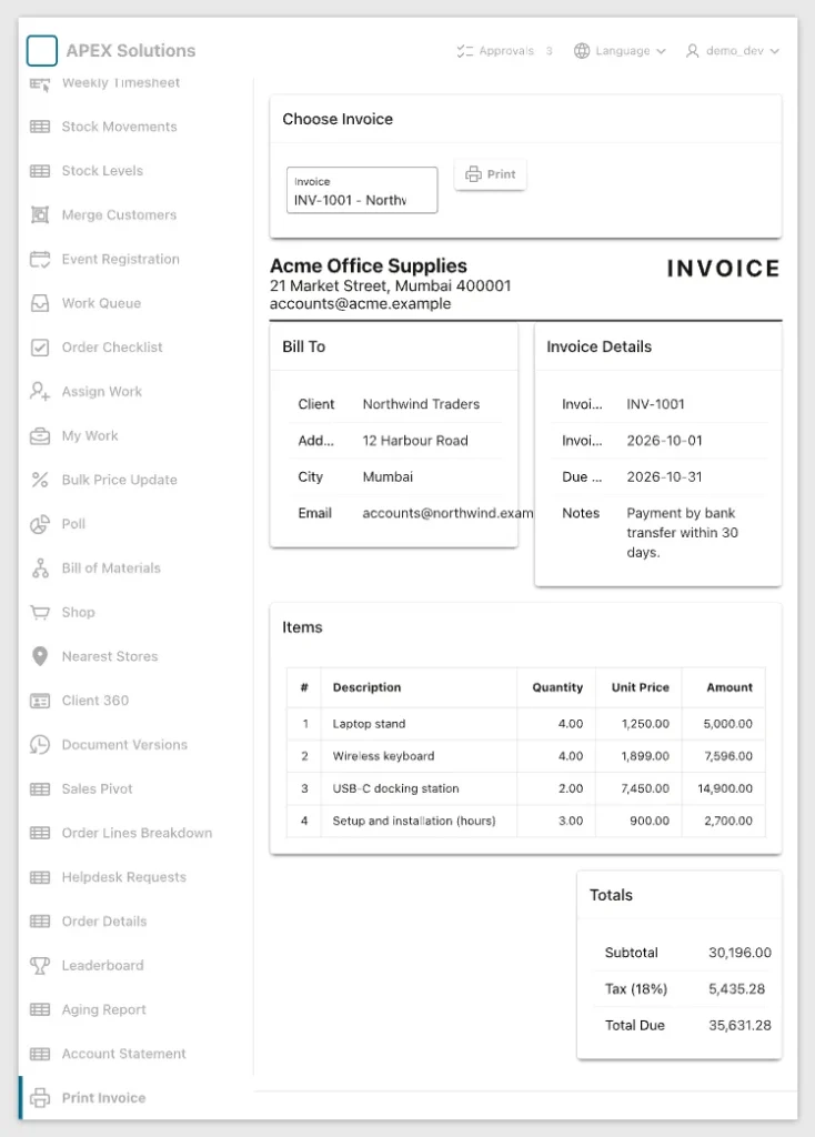 Printed page 1 without print CSS showing the navigation menu on the left, the header bar, the Choose Invoice region with the Print button and region shadows