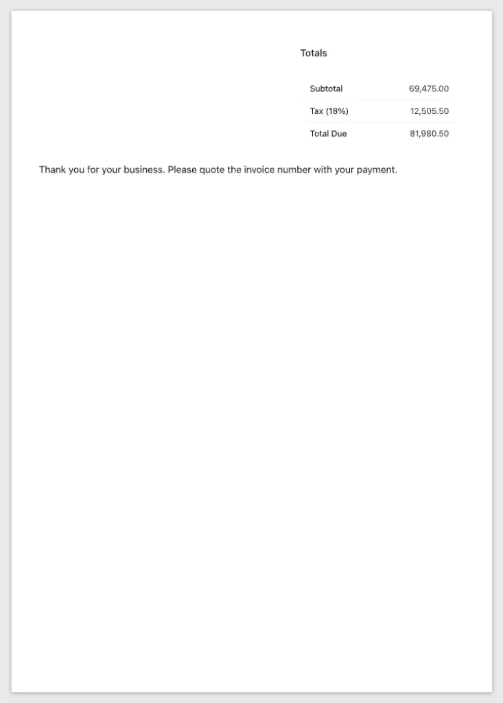 Page 3 of INV-1003 with the complete Totals block and the thank-you footer