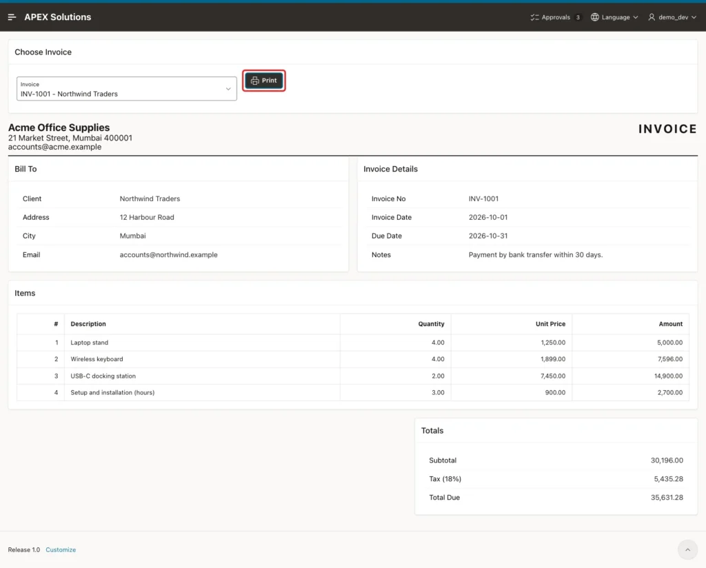 Invoice INV-1001 on screen with letterhead, Bill To, Invoice Details, Items and Totals, and the Print button marked with a red box