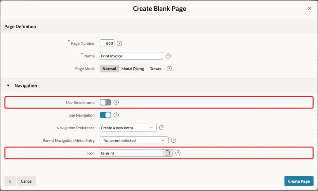Navigation section with Use Breadcrumb turned off and Icon fa-print marked with red boxes