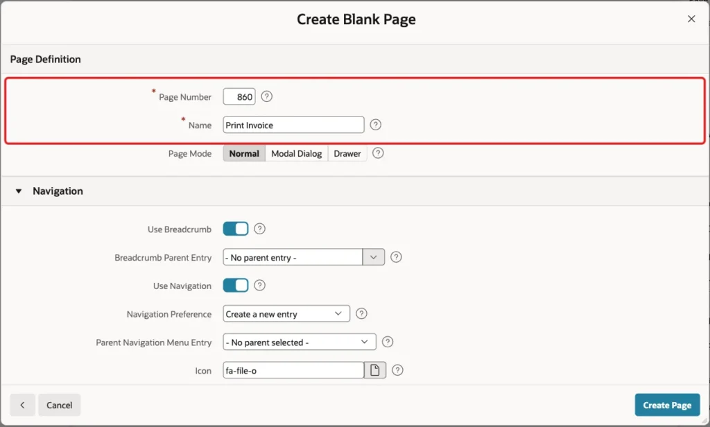 Create Blank Page screen with Page Number 860 and Name Print Invoice marked with a red box