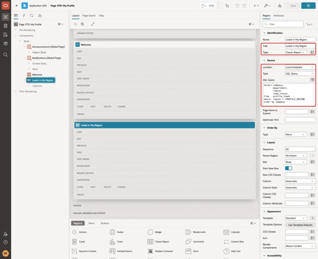 Classic Report region Leads in My Region with Title, Type Classic Report, Location Local Database, Type SQL Query and the query marked with red boxes