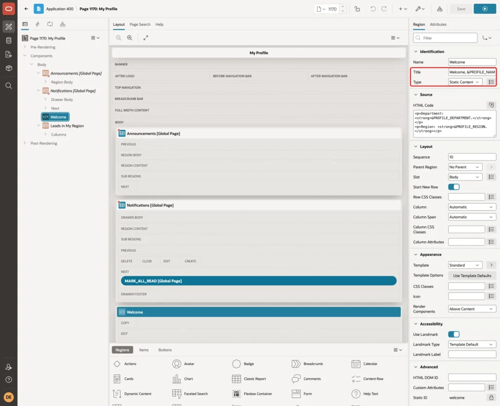 Page Designer with the Welcome region, its Title Welcome, &PROFILE_NAME. and Type Static Content marked with a red box