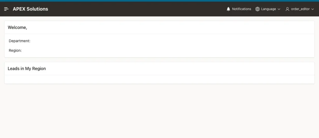 My Profile page for order_editor with an empty name, department and region and no rows in the report