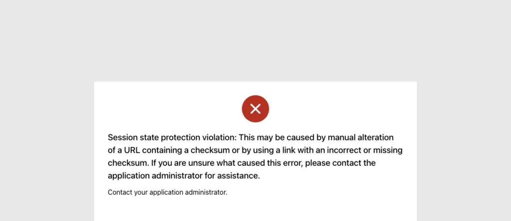 Session state protection violation message shown when PROFILE_REGION=East is added to the page URL