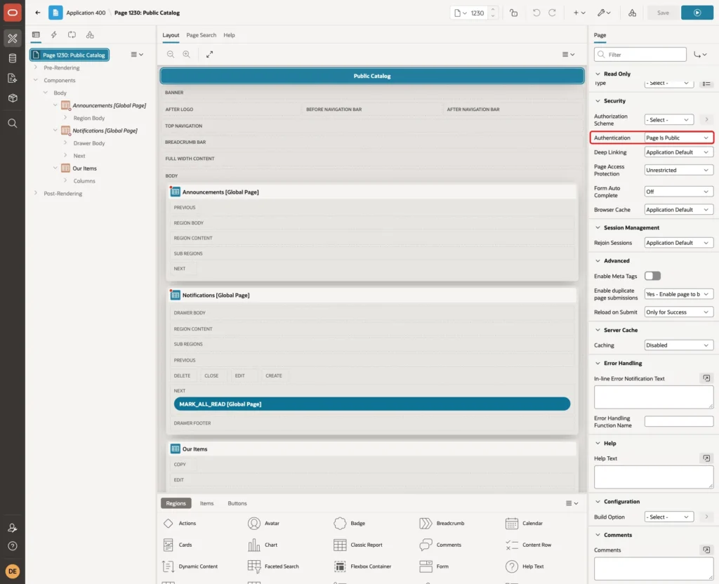 Page Designer with the page property Authentication set to Page Is Public, marked with a red box
