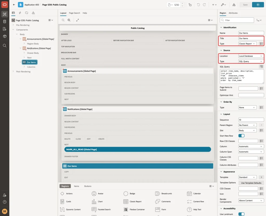 Page Designer with the region Our Items, Type Classic Report, Location Local Database and Type SQL Query marked with red boxes