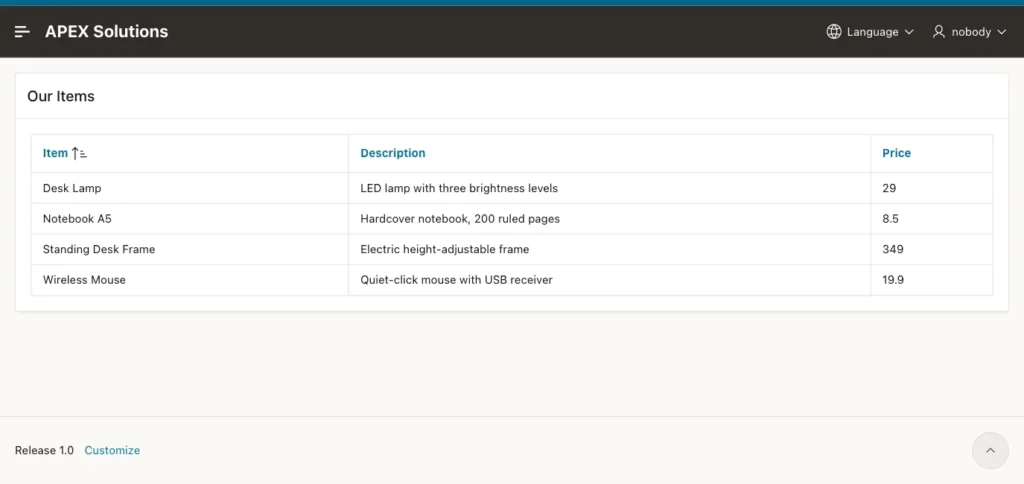 Public Catalog page opened without a sign-in, showing four items with description and price and the user name nobody