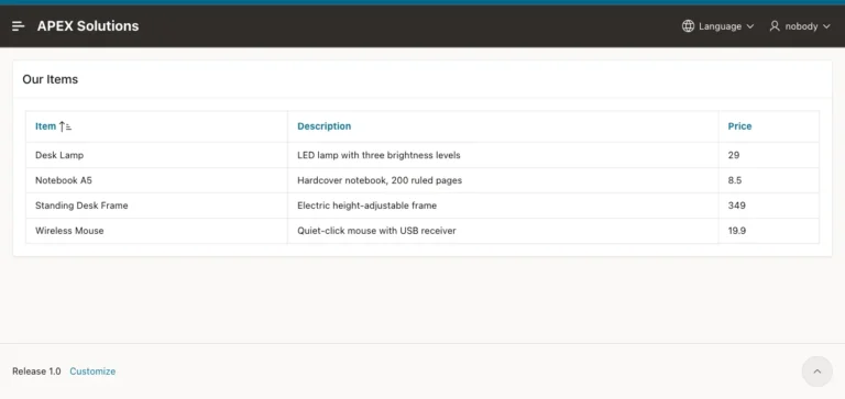 Public Catalog page opened without a sign-in, showing four items with description and price and the user name nobody