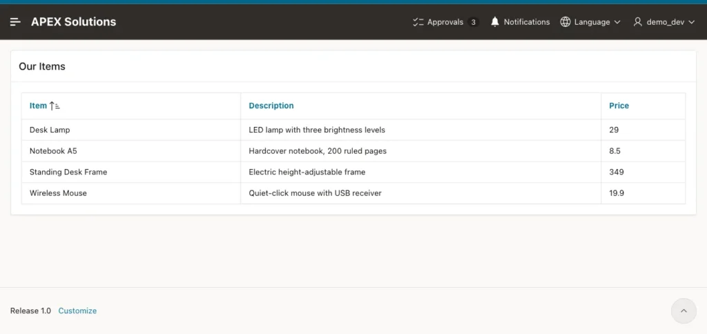 Public Catalog page opened with the session of demo_dev, showing the user name demo_dev in the header