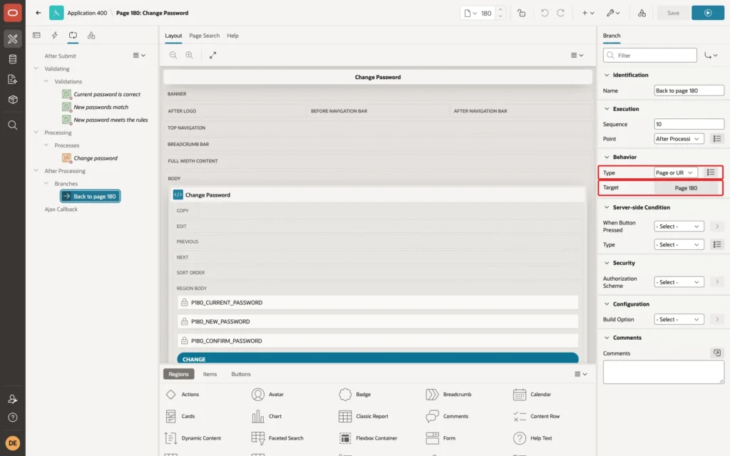 Page Designer showing the branch Type Page or URL Redirect and Target Page 180 marked with red boxes