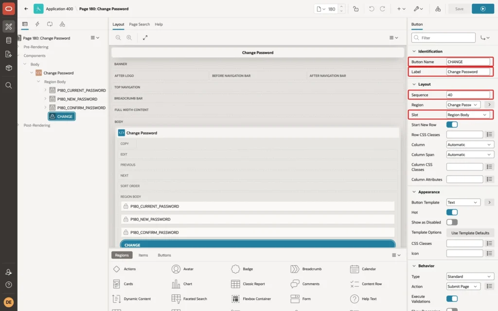 Page Designer showing the button with Button Name CHANGE, Label Change Password, Sequence 40 and Slot Region Body marked with red boxes