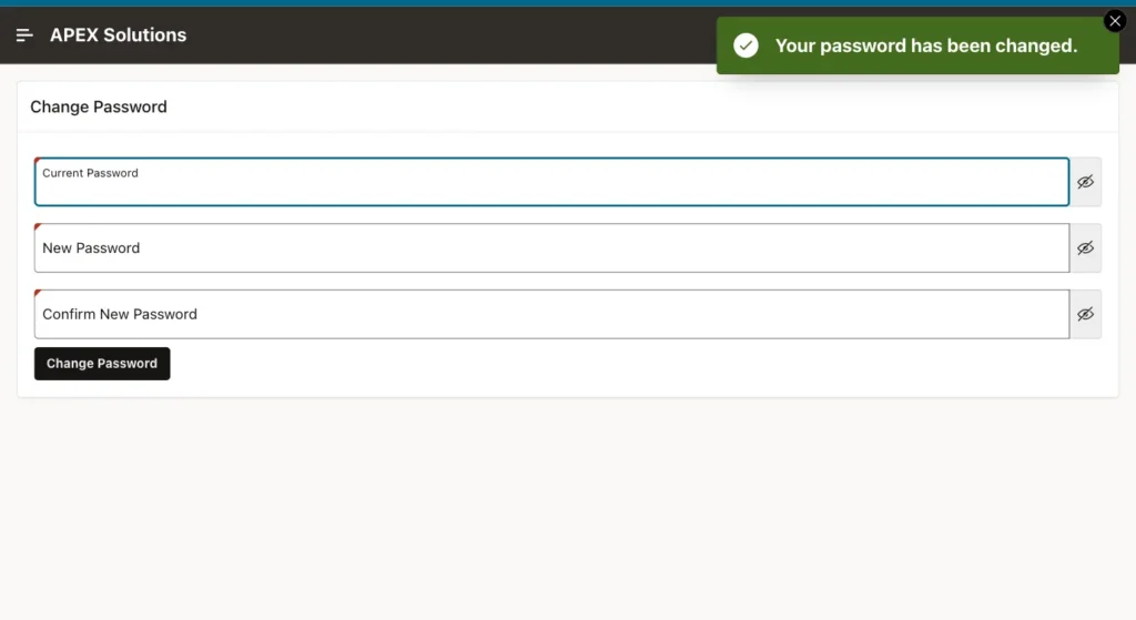 Change Password page with the success message Your password has been changed. and empty fields