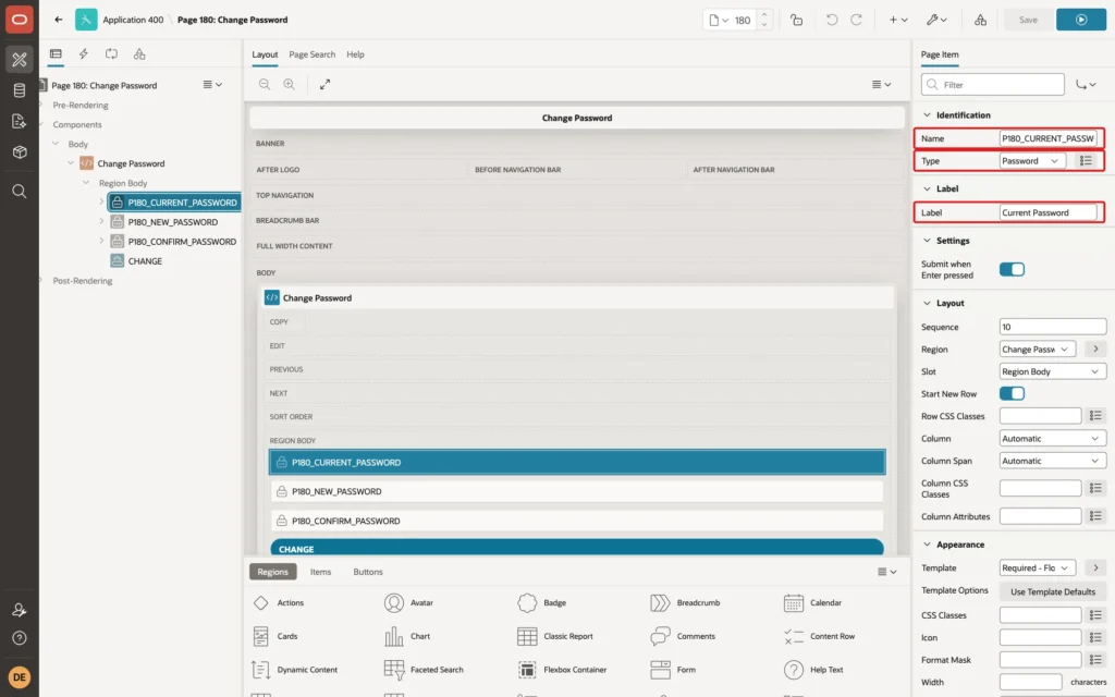 Page Designer showing the item Name P180_CURRENT_PASSWORD, Type Password and Label Current Password marked with red boxes