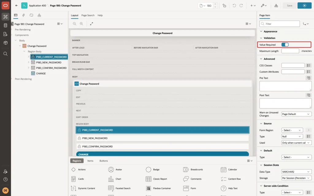 Page Designer showing the Validation group with Value Required on, marked with a red box
