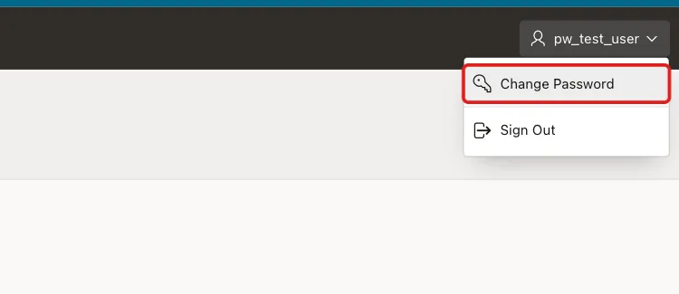 Oracle APEX user menu with Change Password above Sign Out, marked with a red box