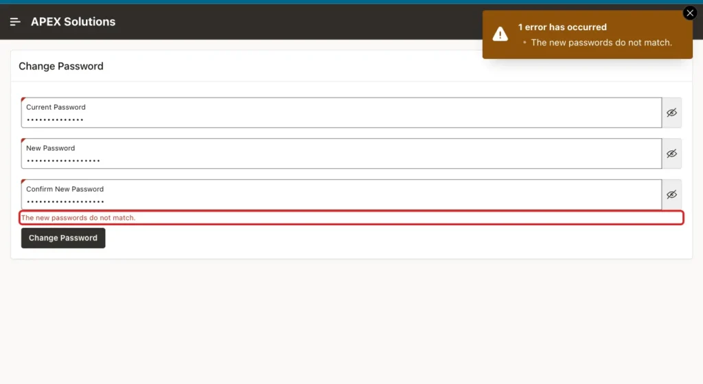 Change Password page with the error The new passwords do not match. under the Confirm New Password field, marked with a red box