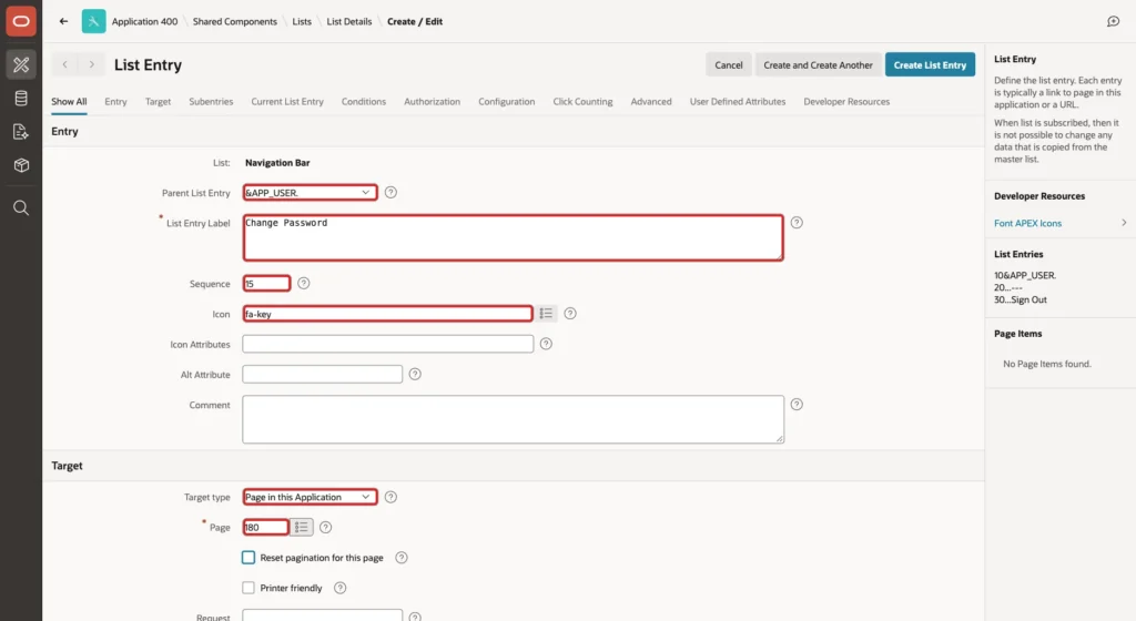 List Entry page with Parent List Entry &APP_USER., List Entry Label Change Password, Sequence 15, Icon fa-key, Target type Page in this Application and Page 180 marked with red boxes