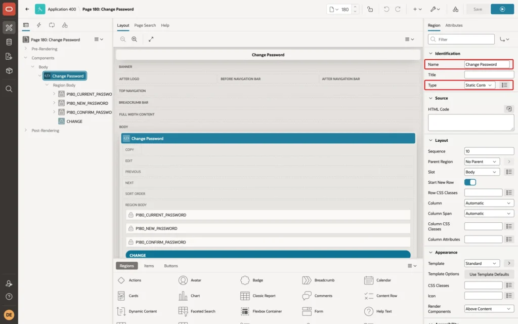 Page Designer showing the region Name Change Password and Type Static Content marked with red boxes