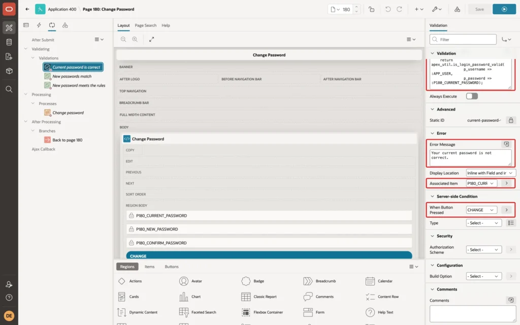 Page Designer showing the Error Message, Associated Item P180_CURRENT_PASSWORD and When Button Pressed CHANGE marked with red boxes