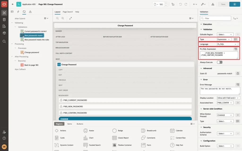 Page Designer showing the validation Type Expression, Language PL/SQL and the expression comparing the two new password items marked with red boxes