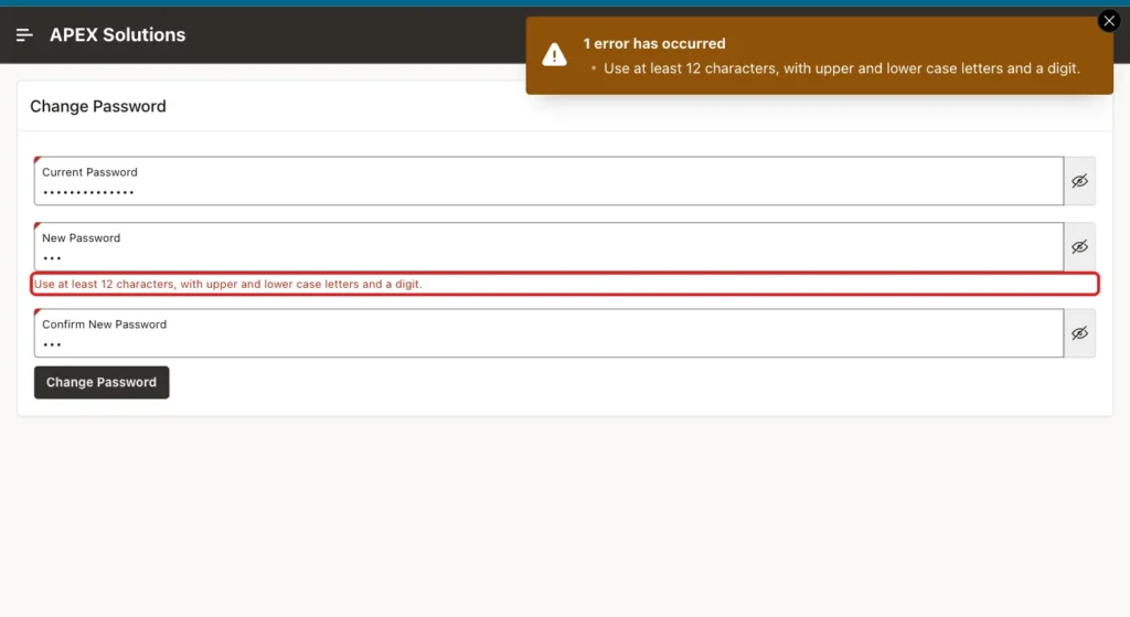 Change Password page with the error Use at least 12 characters, with upper and lower case letters and a digit. under the New Password field, marked with a red box