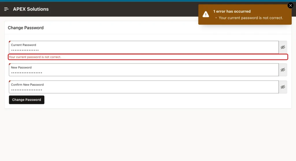 Change Password page with the error Your current password is not correct. under the Current Password field, marked with a red box