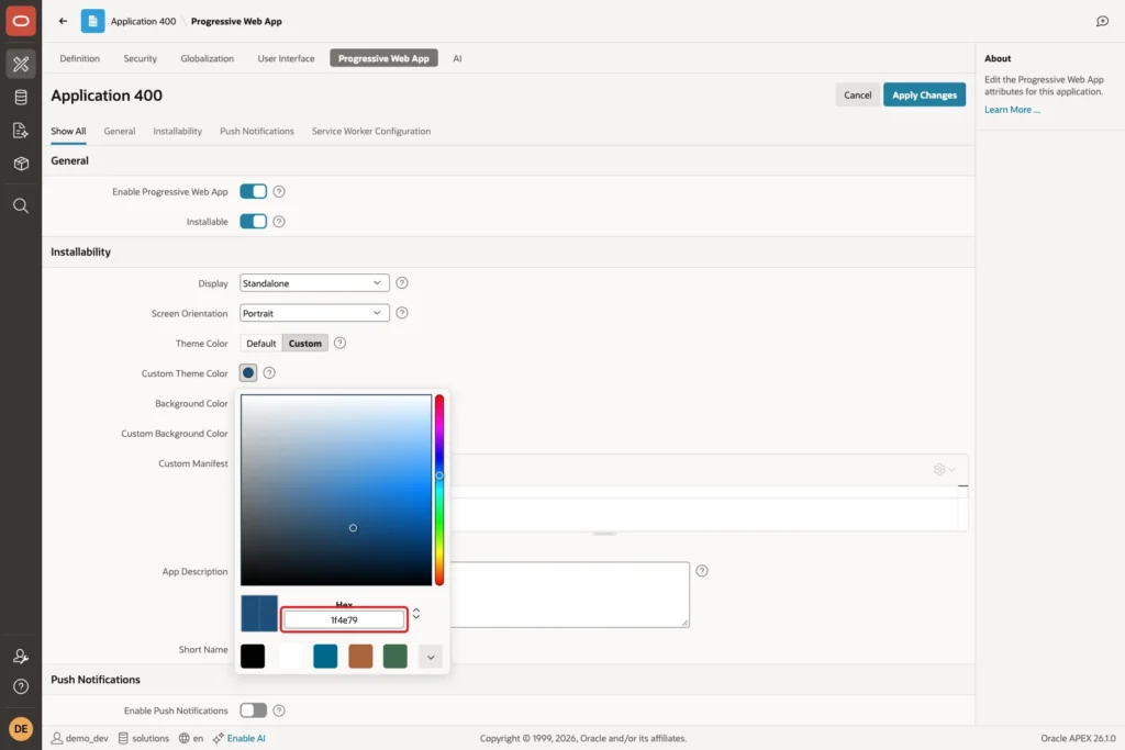 Color picker of Custom Theme Color with the Hex field 1f4e79 marked with a red box