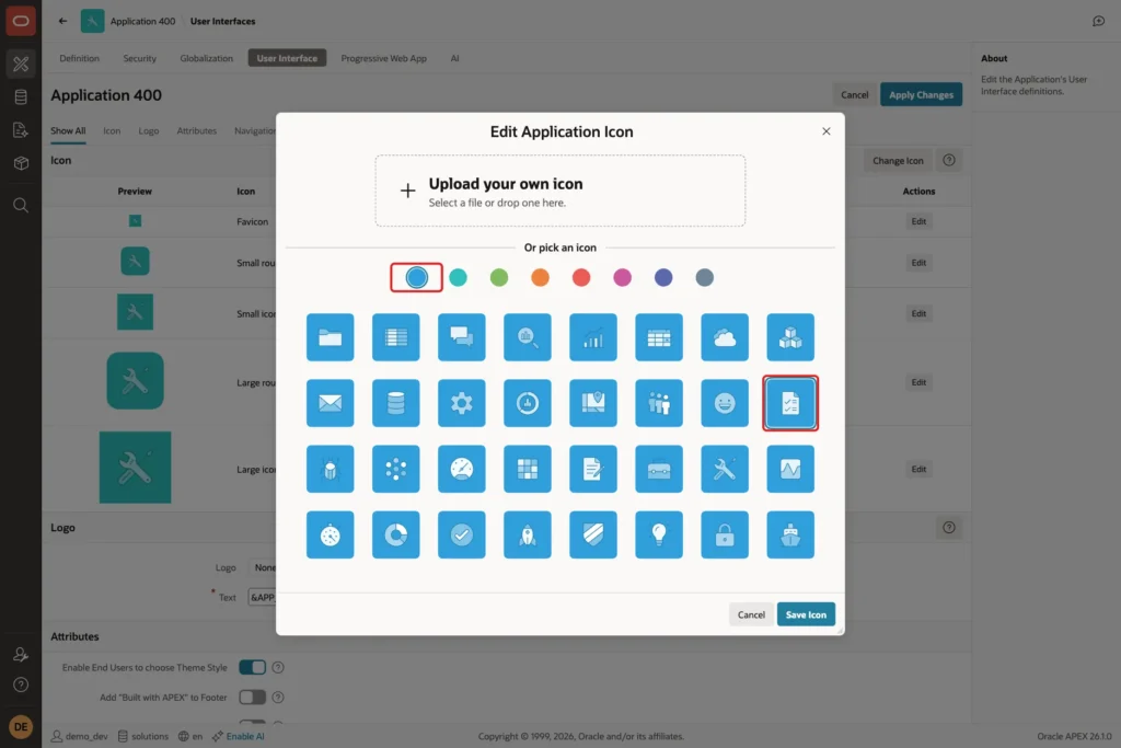 Edit Application Icon dialog with the blue color and the To Do icon marked with red boxes