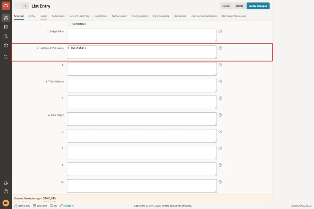List Entry with List Item CSS Classes a-pwaInstall marked with a red box