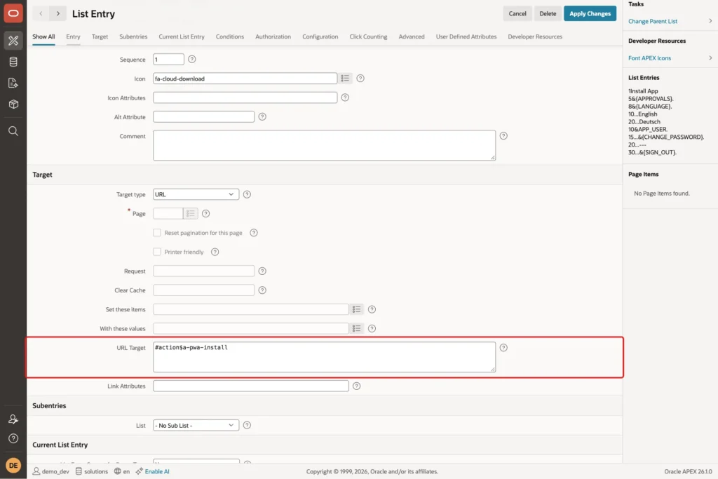 List Entry with URL Target #action$a-pwa-install marked with a red box