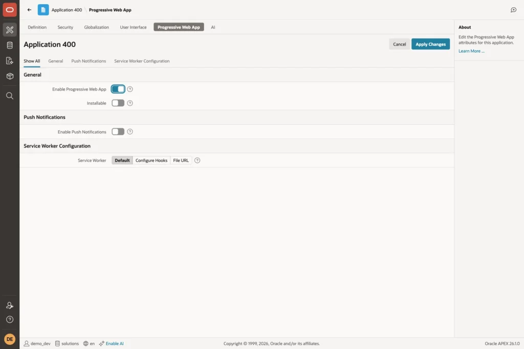 Progressive Web App attributes with Enable Progressive Web App on and Installable off