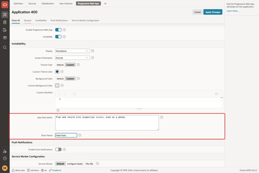 App Description and Short Name Field Visits marked with a red box