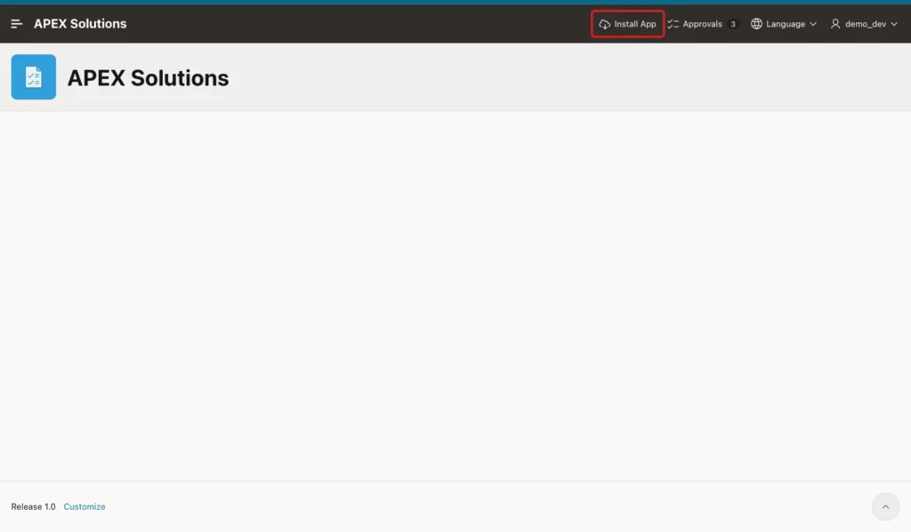 APEX Solutions home page with the Install App entry in the navigation bar marked with a red box and the new blue app icon