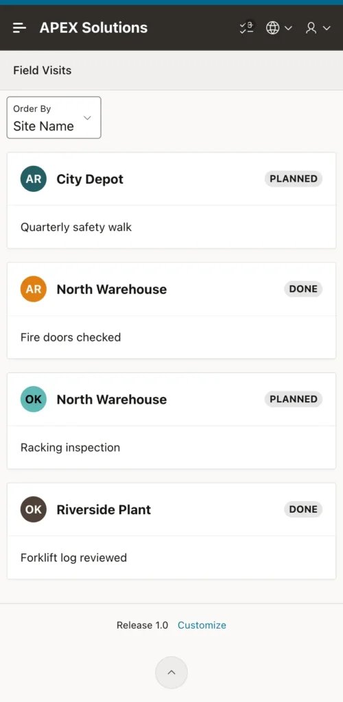 Field Visits page on a phone-sized screen with four cards for City Depot, North Warehouse and Riverside Plant