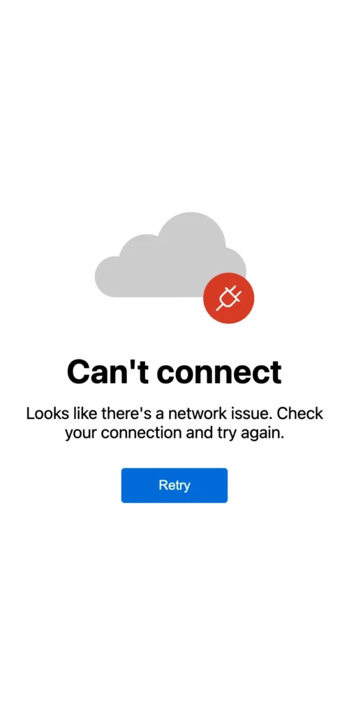 Offline page with a cloud and plug icon, the text Can't connect and a Retry button