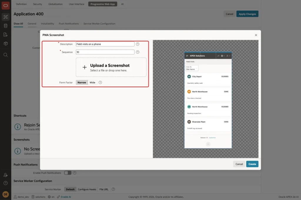 PWA Screenshot dialog with Description Field visits on a phone and Form Factor Narrow marked with a red box and a preview of the uploaded picture