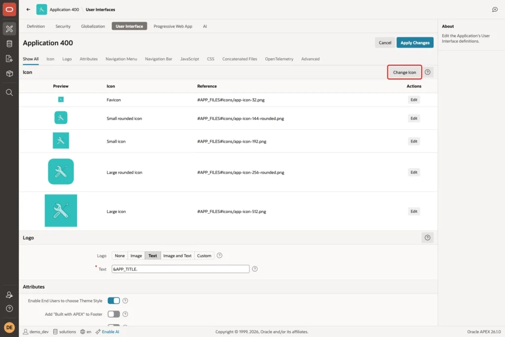User Interface page with the Icon section and the Change Icon button marked with a red box
