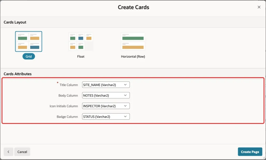 Cards Attributes screen with Title Column SITE_NAME, Body Column NOTES, Icon Initials Column INSPECTOR and Badge Column STATUS marked with a red box