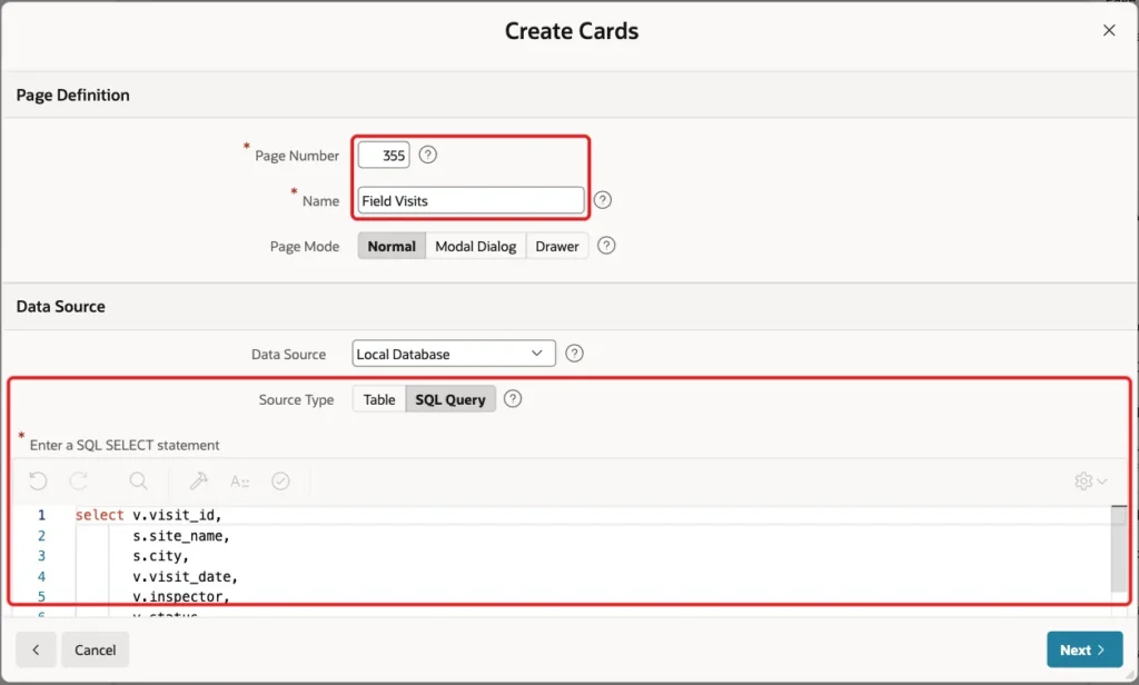 Create Cards wizard with Page Number 355, Name Field Visits and the SQL Query source marked with red boxes