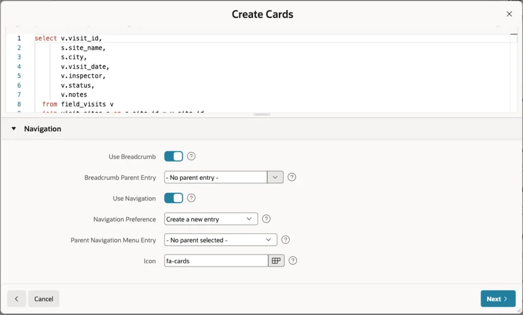 Navigation section of the Create Cards wizard with Use Breadcrumb and Use Navigation turned on