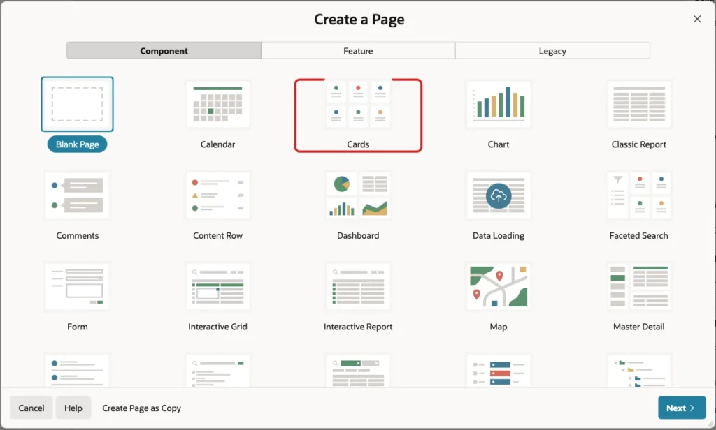 Create a Page dialog with the Cards page type marked with a red box