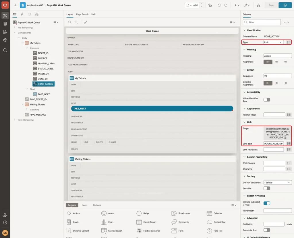 Column DONE_ACTION with Type Link, the Target and Link Text #DONE_ACTION# marked with red boxes