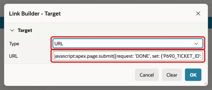 Link Builder Target dialog with Type URL and the javascript apex.page.submit URL marked with red boxes