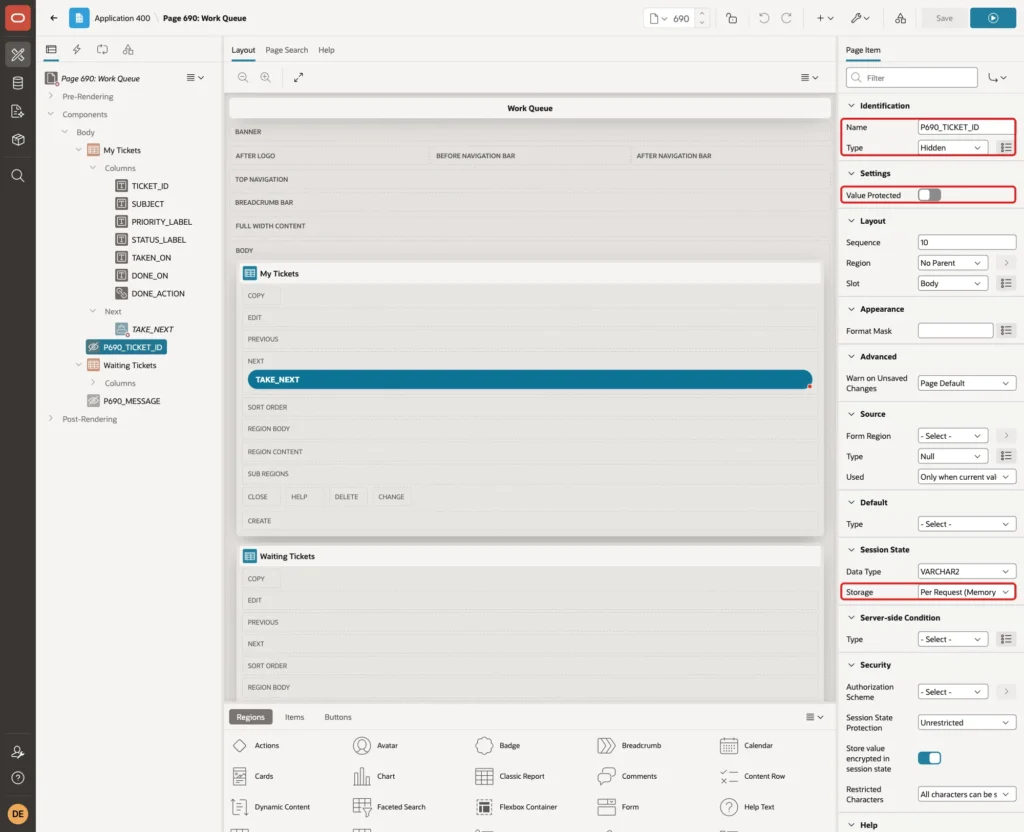 Page item P690_TICKET_ID with Name, Type Hidden, Value Protected off and Storage Per Request Memory Only marked with red boxes