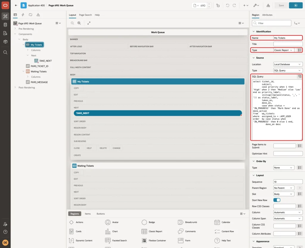 Region My Tickets with Name, Type Classic Report and the SQL Query marked with red boxes