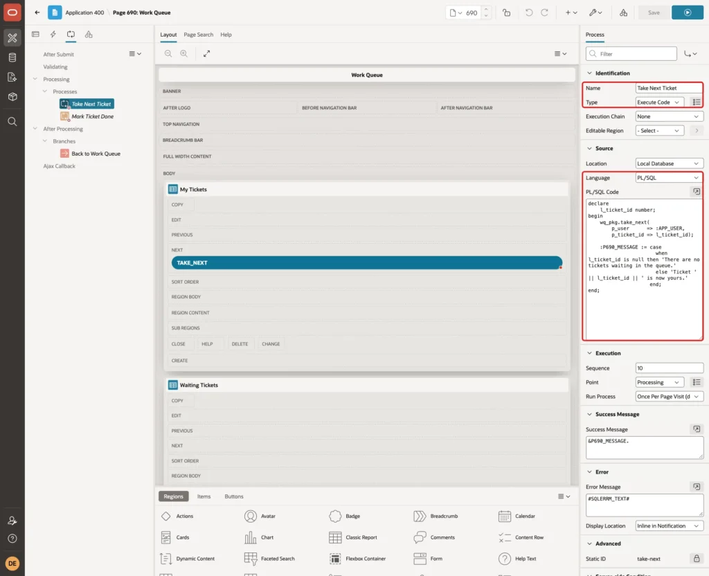 Process Take Next Ticket with Name, Type Execute Code, Language PL/SQL and the PL/SQL Code marked with red boxes