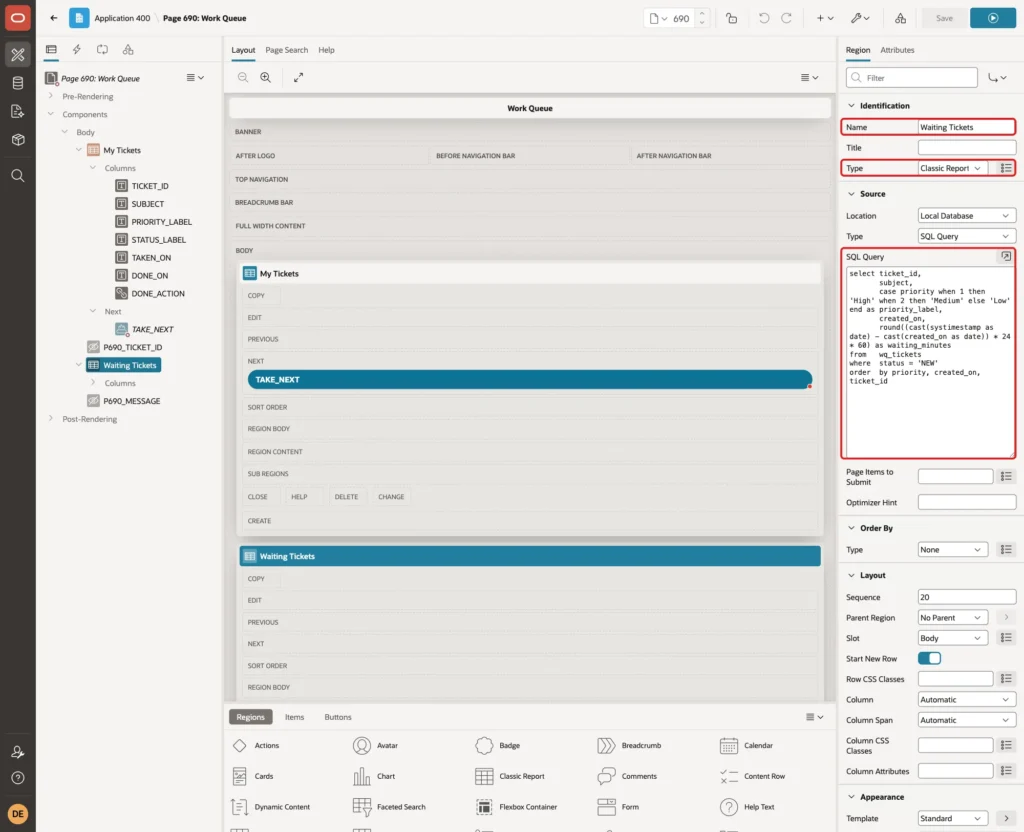 Region Waiting Tickets with Name, Type Classic Report and the SQL Query marked with red boxes